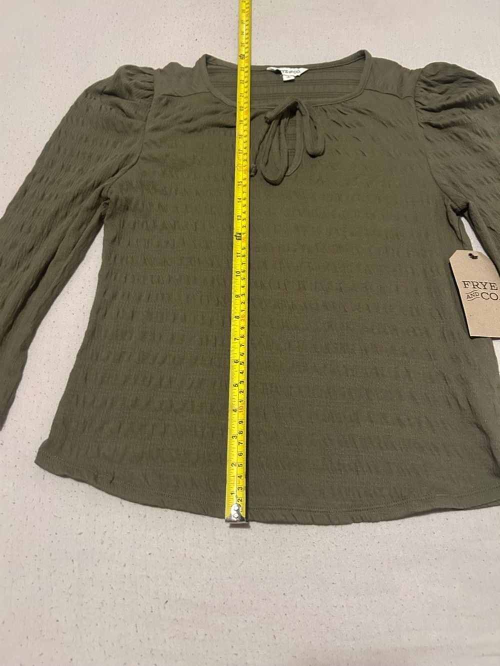 FRYE AND CO. Olive Green Tie-Neck Puff Sleeve Top - Picture 4 of 7